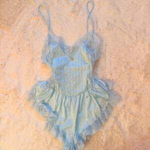 Vintage 70s Blue Floral Lace Trim Sheer Pearls Lingerie Top - ,